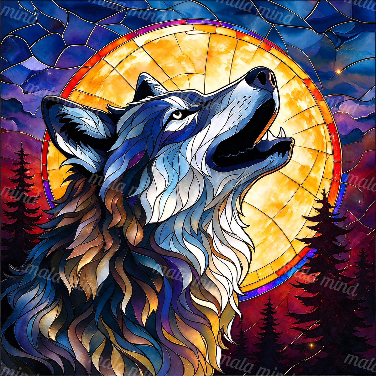 Blue stained-glass wolf howling before a glowing full moon and evergreen forest — 02_master_artwork