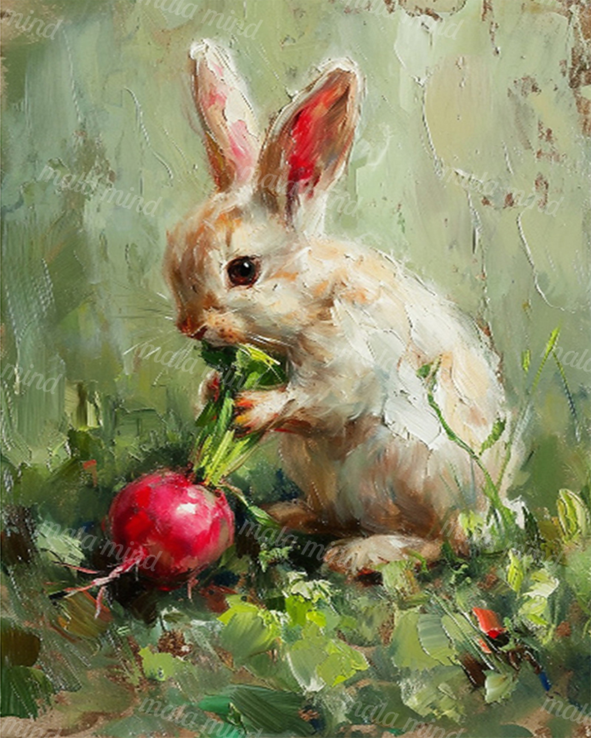 Impressionistic white rabbit eating leafy greens beside a bright red radish in a garden — 02_master_artwork