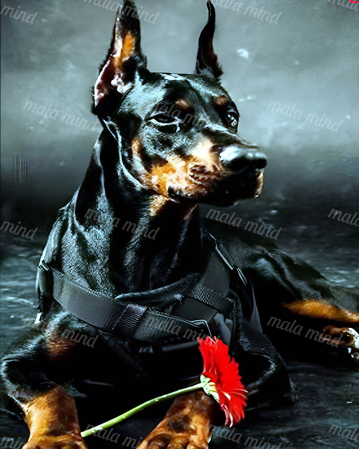 Black-and-tan Doberman in a dark harness with a red flower across its front paws — 02_master_artwork