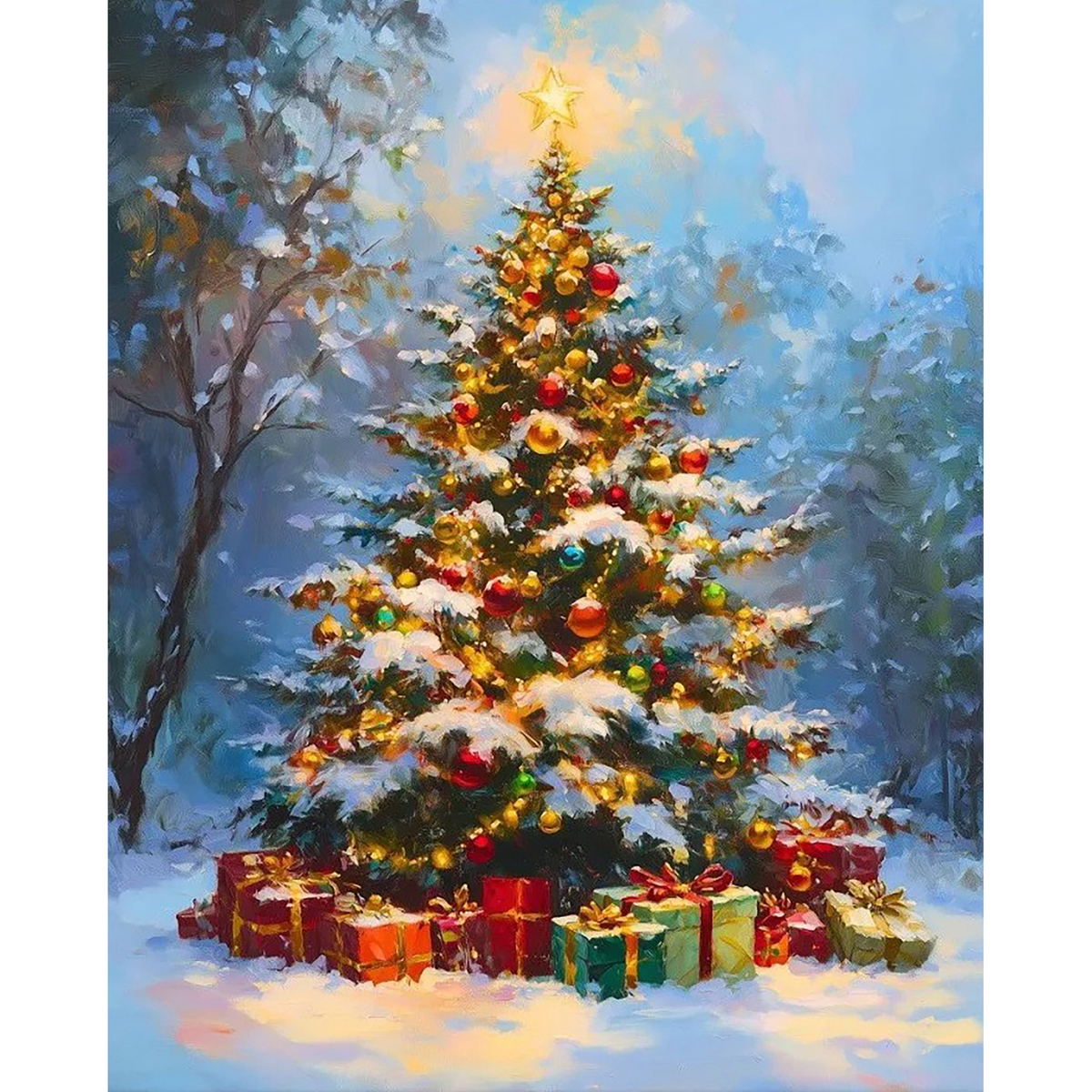 Painterly Christmas tree with a glowing star, colorful ornaments, snow, and wrapped presents in a woodland setting