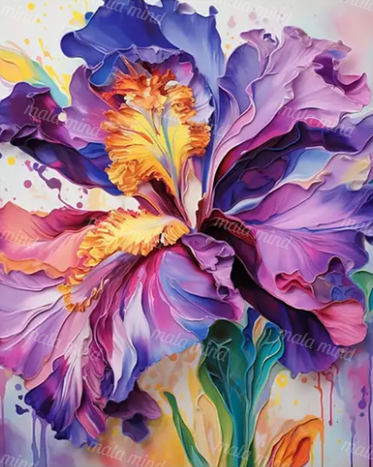 Abstract close-up of purple, pink, and blue flowers with yellow centers and green leaves — 02_master_artwork