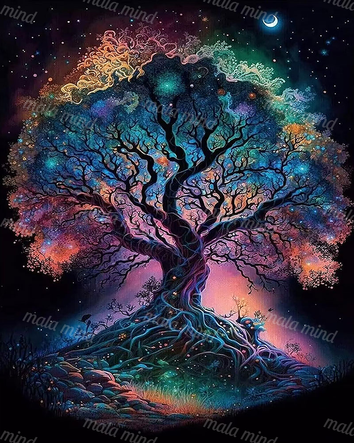 Luminous fantasy tree with exposed roots beneath a crescent moon and colorful starry canopy — 02_master_artwork