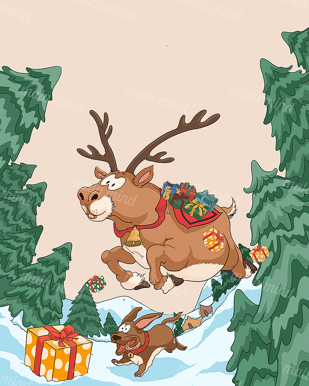 Cartoon reindeer carrying gifts above a rabbit in a snowy evergreen forest — 02_master_artwork