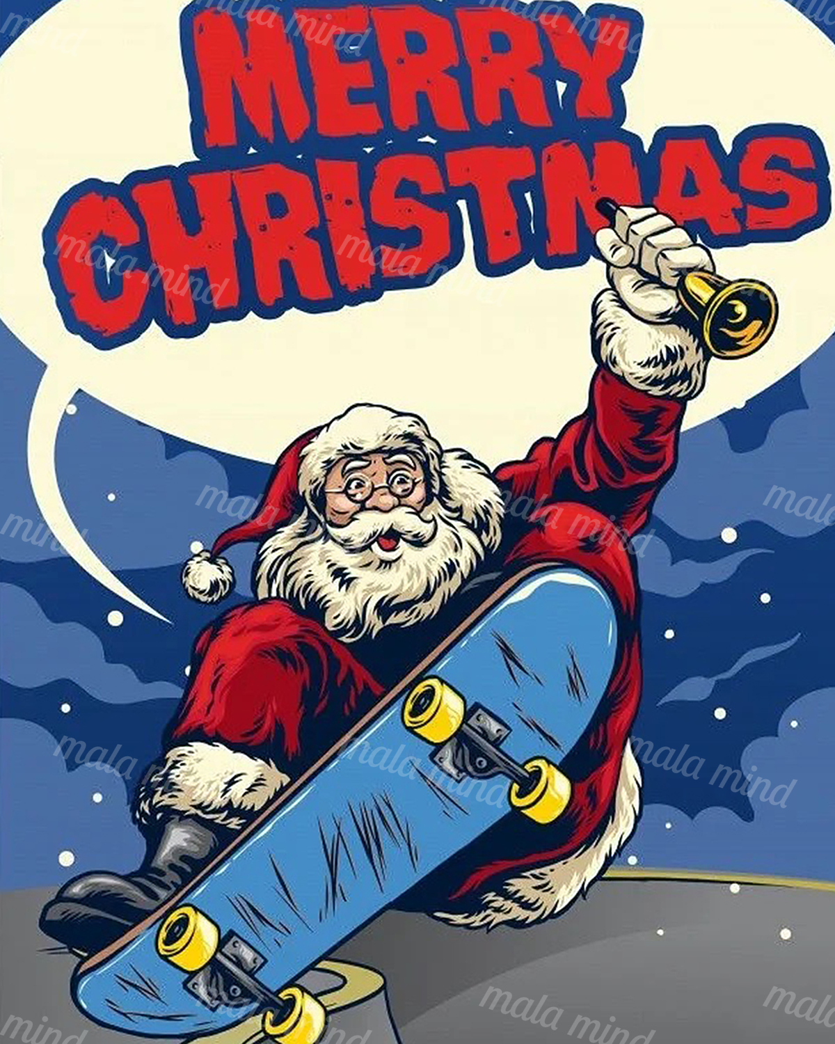 Comic-style Santa skateboards with a trumpet beneath large Merry Christmas lettering. — 02_master_artwork