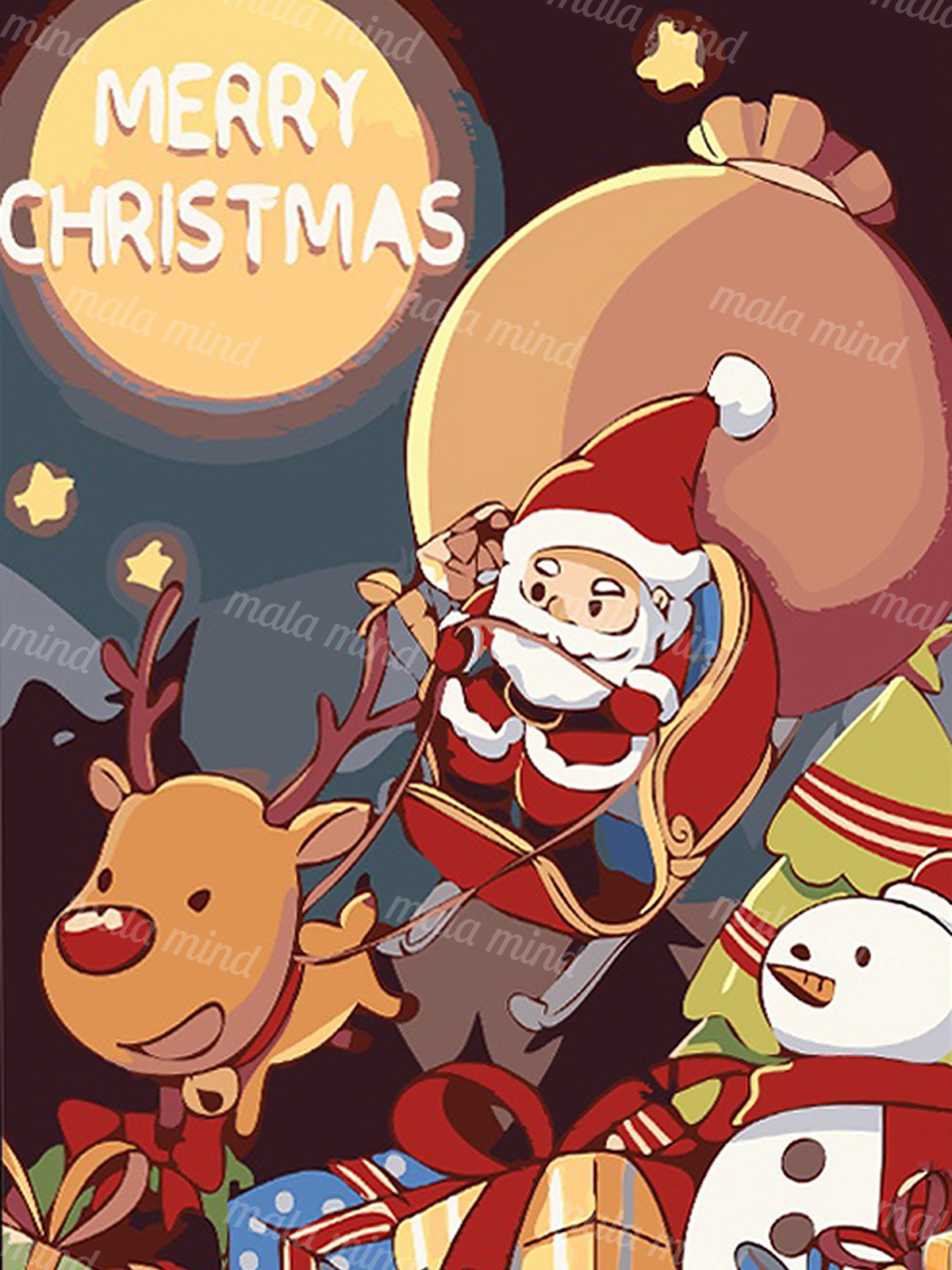 Cartoon Santa with a reindeer, large sack, snowman, Christmas tree, gifts, and Merry Christmas sign — 02_master_artwork