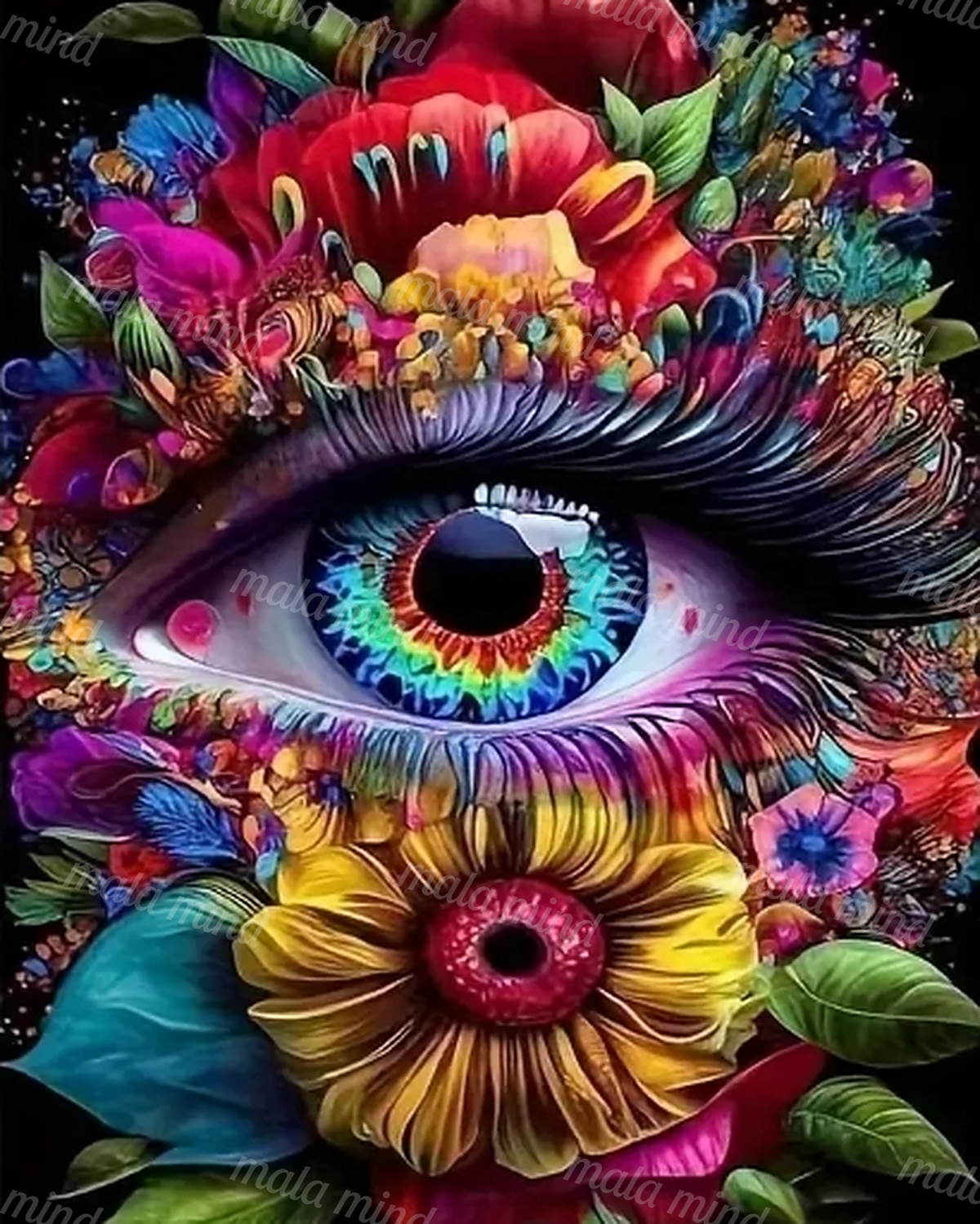 Surreal blue-green human eye surrounded by colorful flowers, green leaves, and a large yellow bloom. — 02_master_artwork