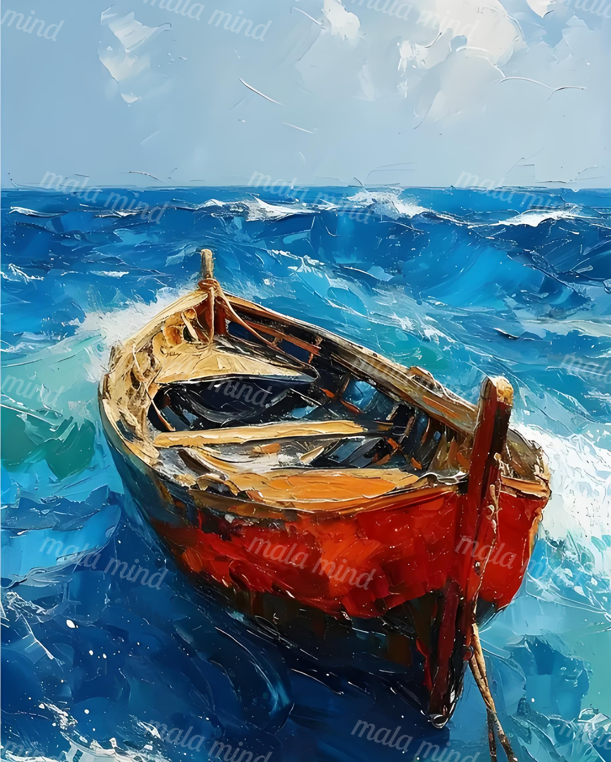 Red wooden rowboat with two oars riding choppy blue ocean waves beneath a pale cloudy sky. — 02_master_artwork