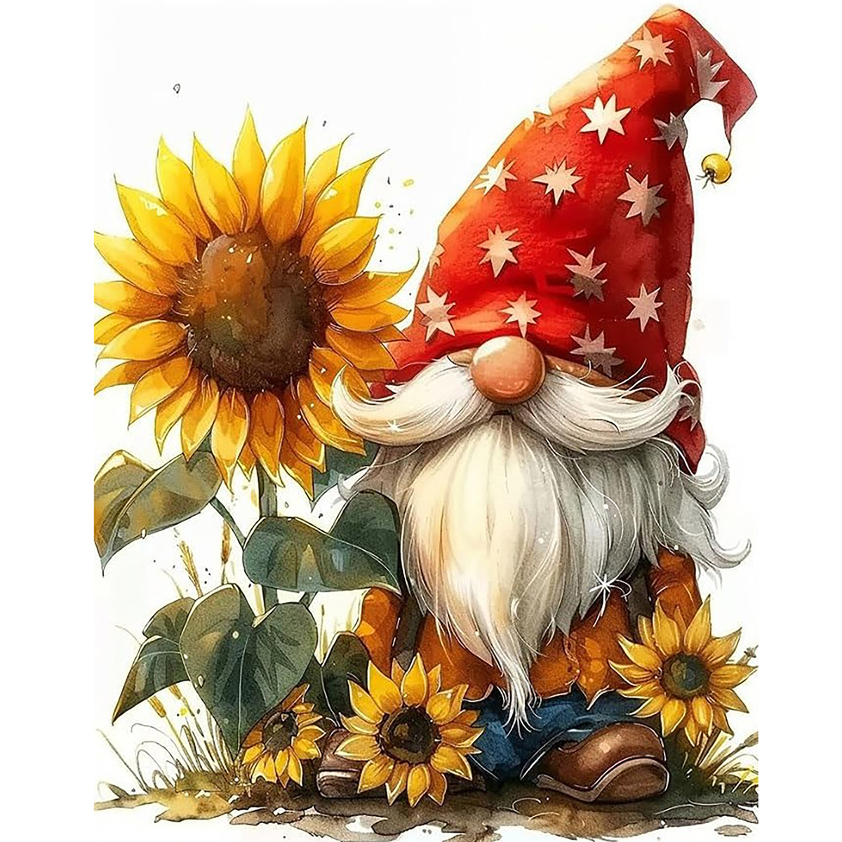 MalaMind Gallery V3 | 02 Master Artwork | FA-260921-066 | Bearded garden gnome in a red star-patterned hat surrounded by golden sunflowers and green leaves.