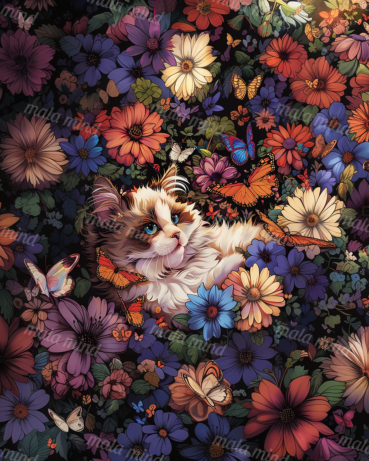 Fluffy blue-eyed cat surrounded by colorful flowers, green leaves, and butterflies — 02_master_artwork