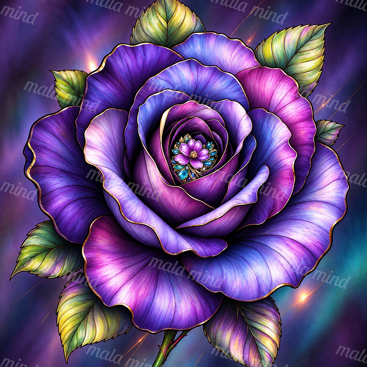Ornate purple flower with layered petals, green leaves, gold edges, and a blue floral center — 02_master_artwork