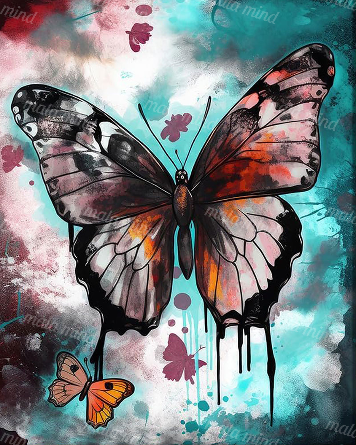 Large patterned butterfly with a smaller orange butterfly against a turquoise abstract painted background — 02_master_artwork
