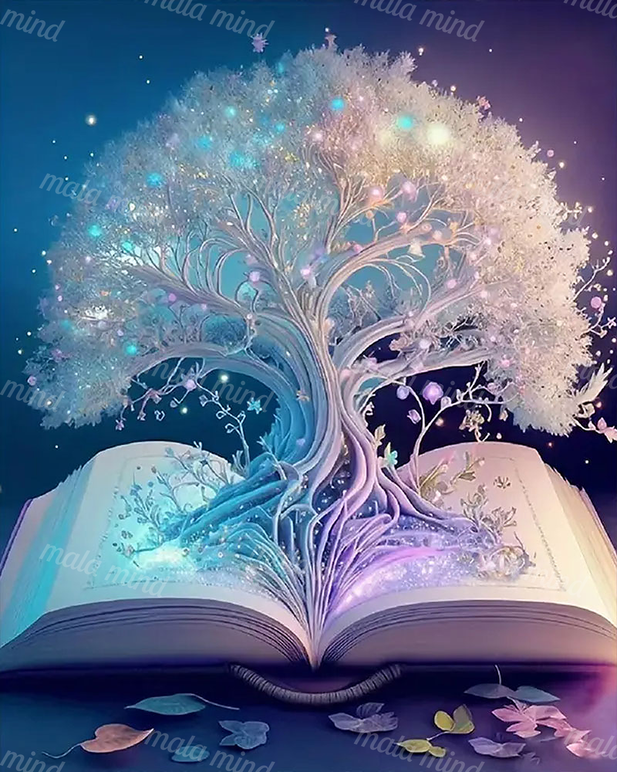 Luminous flowering tree growing from an open book against a deep blue and violet background — 02_master_artwork