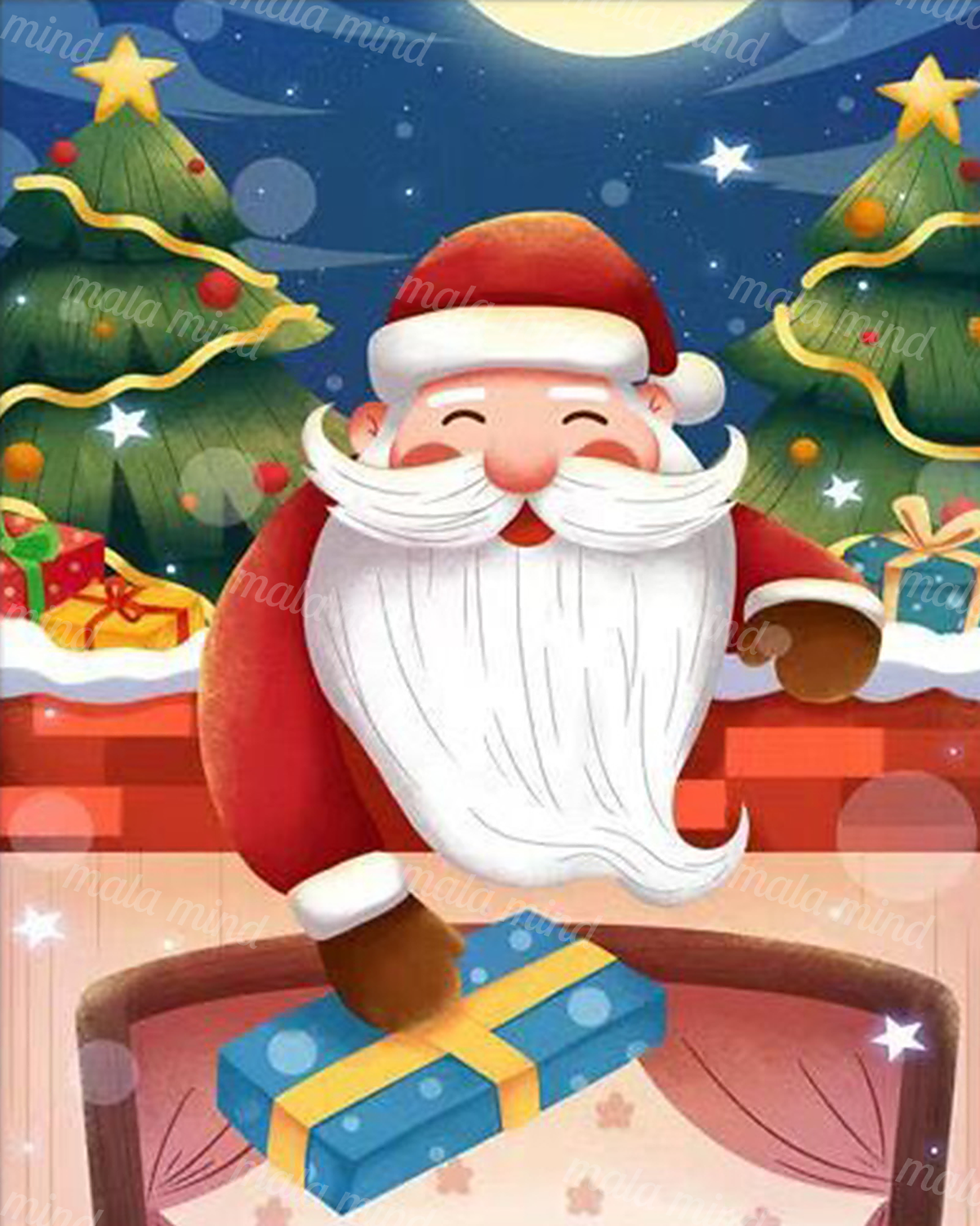 Cartoon Santa holds a blue gift beneath a full moon, surrounded by decorated Christmas trees and presents. — 02_master_artwork