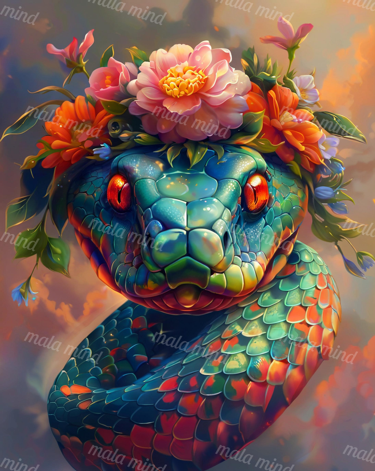 Colorful scaled dragon-like creature with glowing eyes and a crown of pink and orange flowers — 02_master_artwork