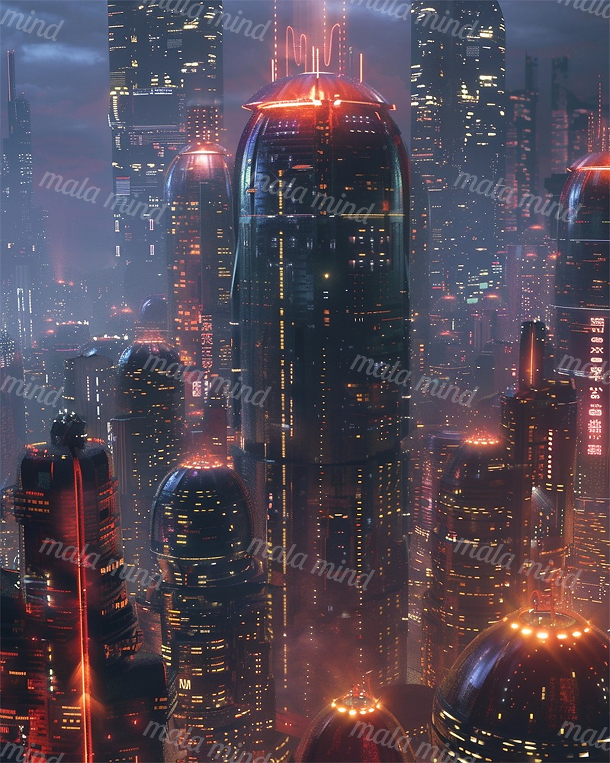 Futuristic neon city at night with domed skyscrapers glowing through blue-violet haze — 02_master_artwork