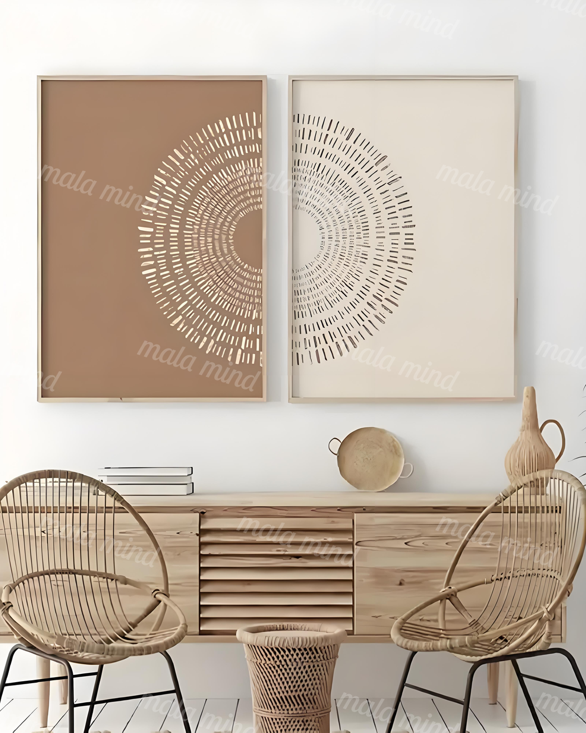 Abstract geometric wall art with concentric dashed arcs above a wooden sideboard and woven chairs — 02_master_artwork