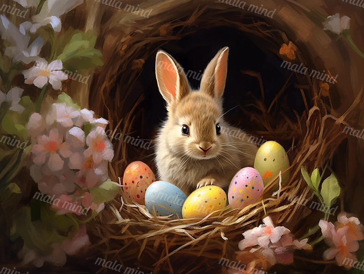 Fluffy rabbit in a straw nest behind five pastel spotted Easter eggs and flowering branches — 02_master_artwork