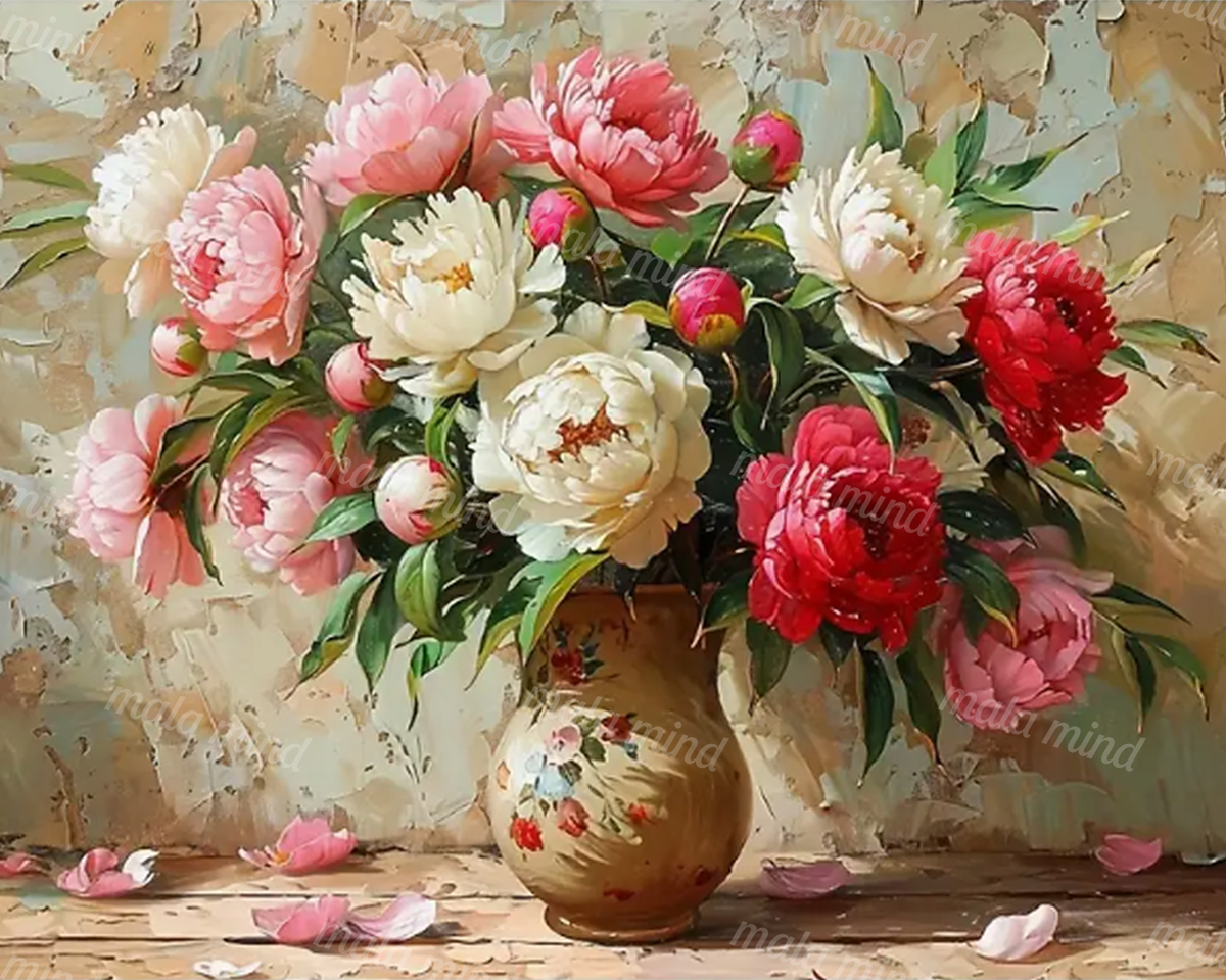 Painterly still life of pink, red, and white peonies in a decorated brown vase — 02_master_artwork