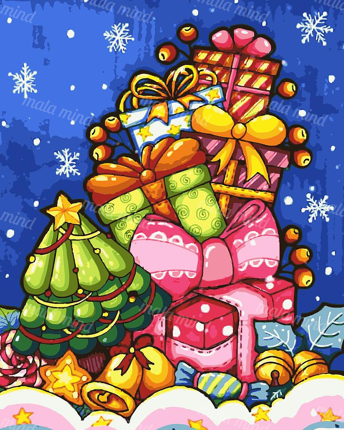 Colorful Christmas presents beside a decorated tree with sweets and falling snow on a blue background — 02_master_artwork