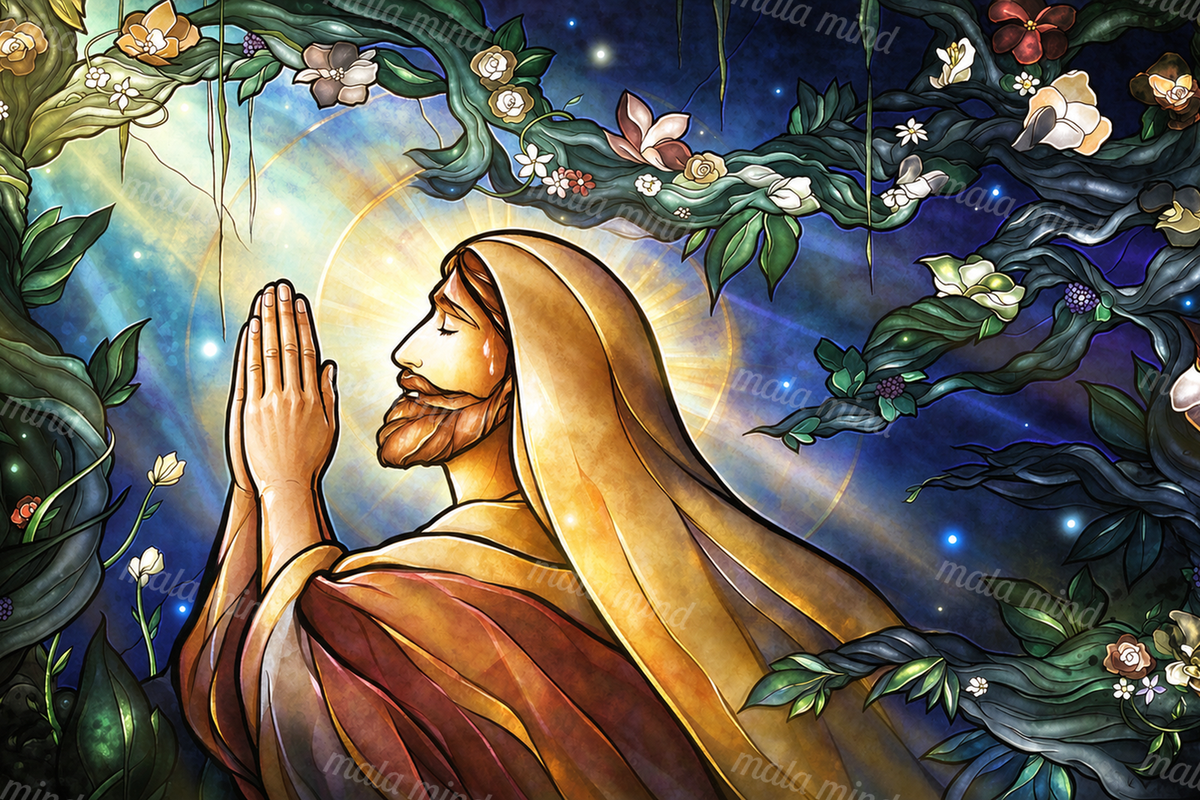 Stained-glass style hooded bearded figure praying among flowering vines beneath a radiant halo — 02_master_artwork