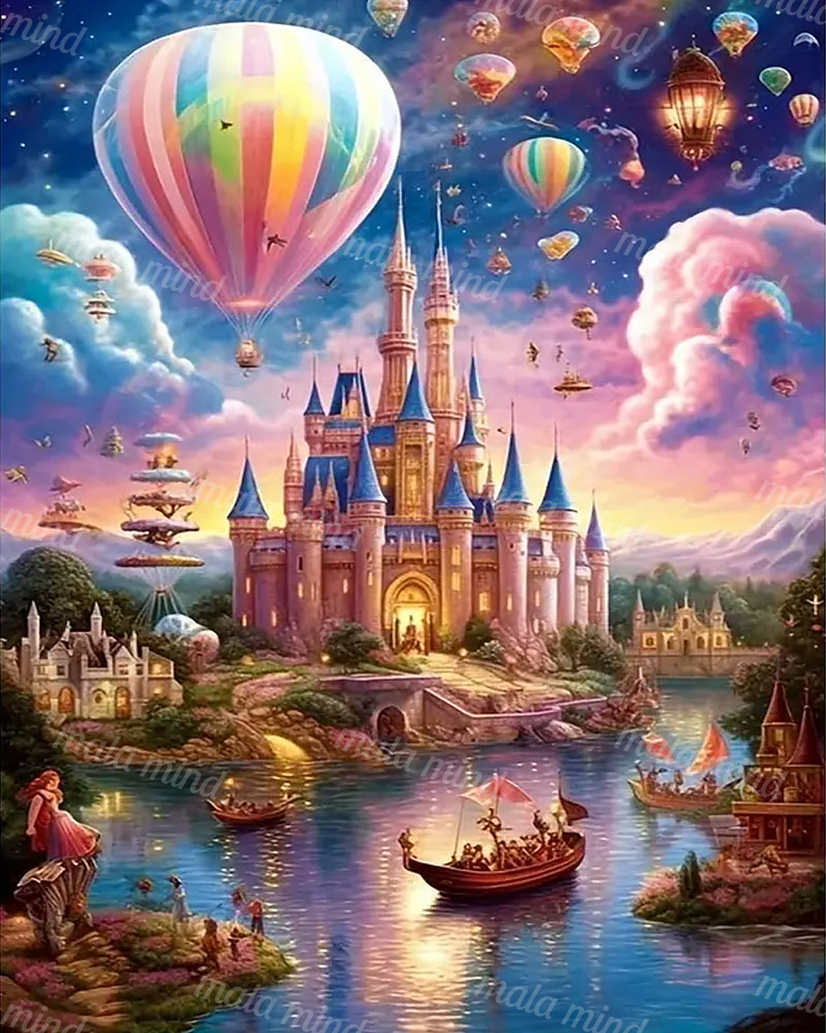 Fantasy castle beside a reflective river with boats, floating structures, mountains, and colorful hot air balloons — 02_master_artwork