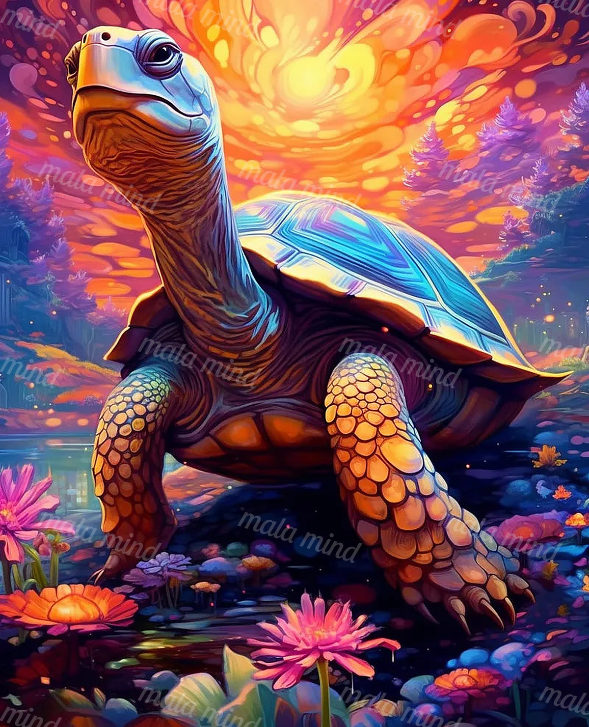 Colorful long-necked turtle standing in a flower-filled pond with a glowing orange-purple background — 02_master_artwork