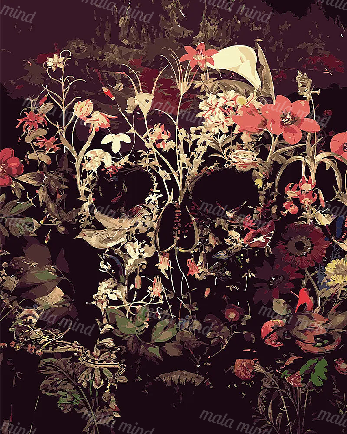 Dense coral, cream, and red flowers with foliage layered over a dark burgundy background — 02_master_artwork