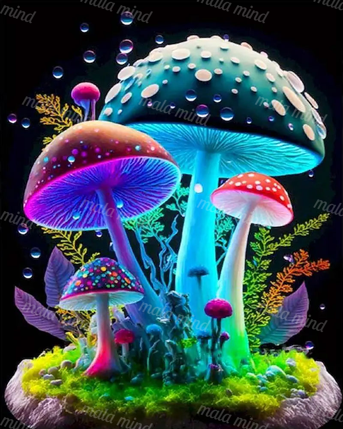 Neon fantasy mushrooms with glowing stems, moss, foliage, and floating bubbles on a black background — 02_master_artwork