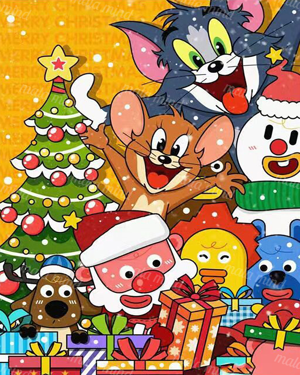 Colorful Christmas cartoon collage with Tom and Jerry, Santa, snowman, tree, animal characters, and wrapped gifts. — 02_master_artwork