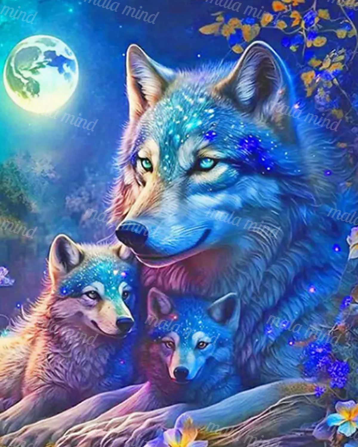 Blue adult wolf with two pups beneath a glowing full moon in a colorful forest — 02_master_artwork