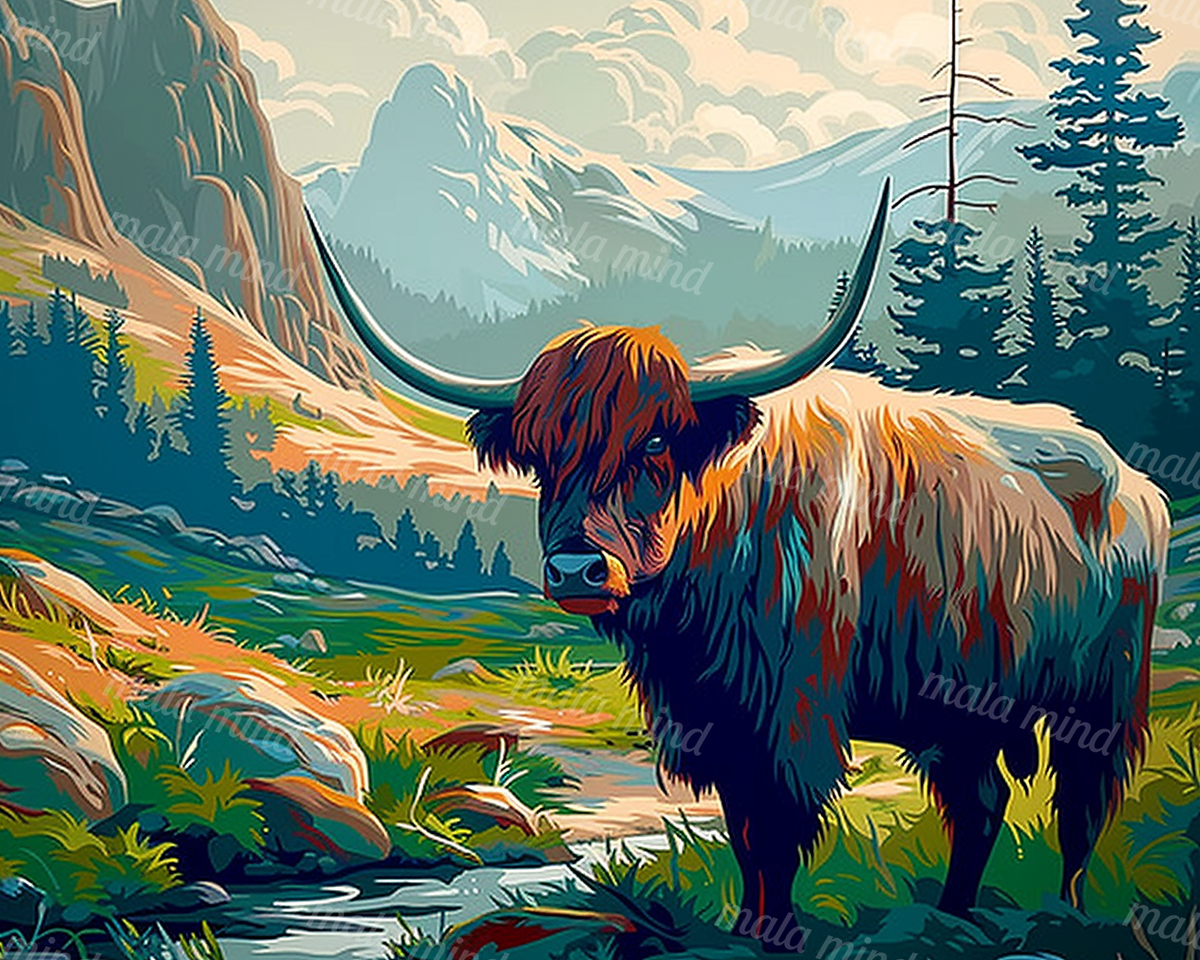 Shaggy Highland cow with long horns beside a stream in a stylized alpine mountain valley — 02_master_artwork
