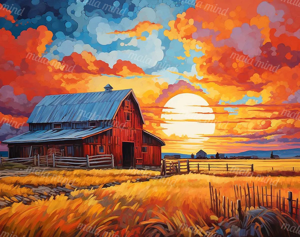 Painterly red barn beside a fenced wheat field beneath a bright, cloud-filled sunset. — 02_master_artwork