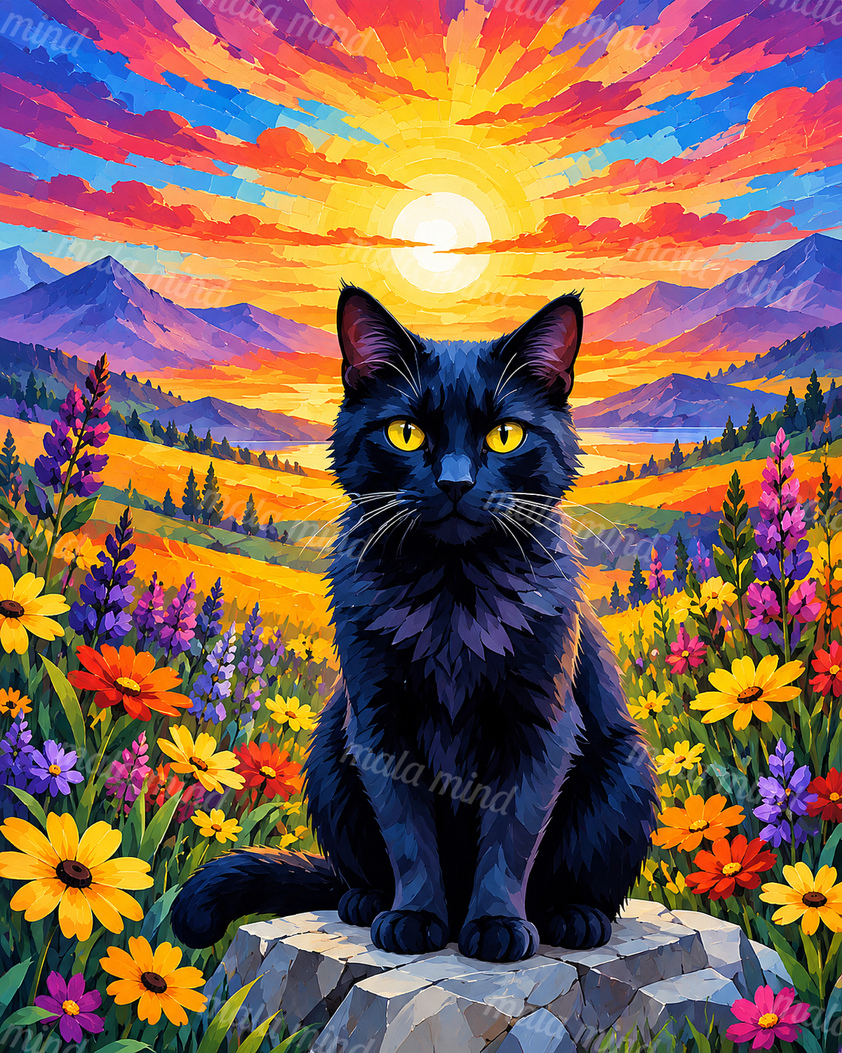 Black cat with yellow eyes seated among colorful flowers before mountains and a glowing sunset. — 02_master_artwork