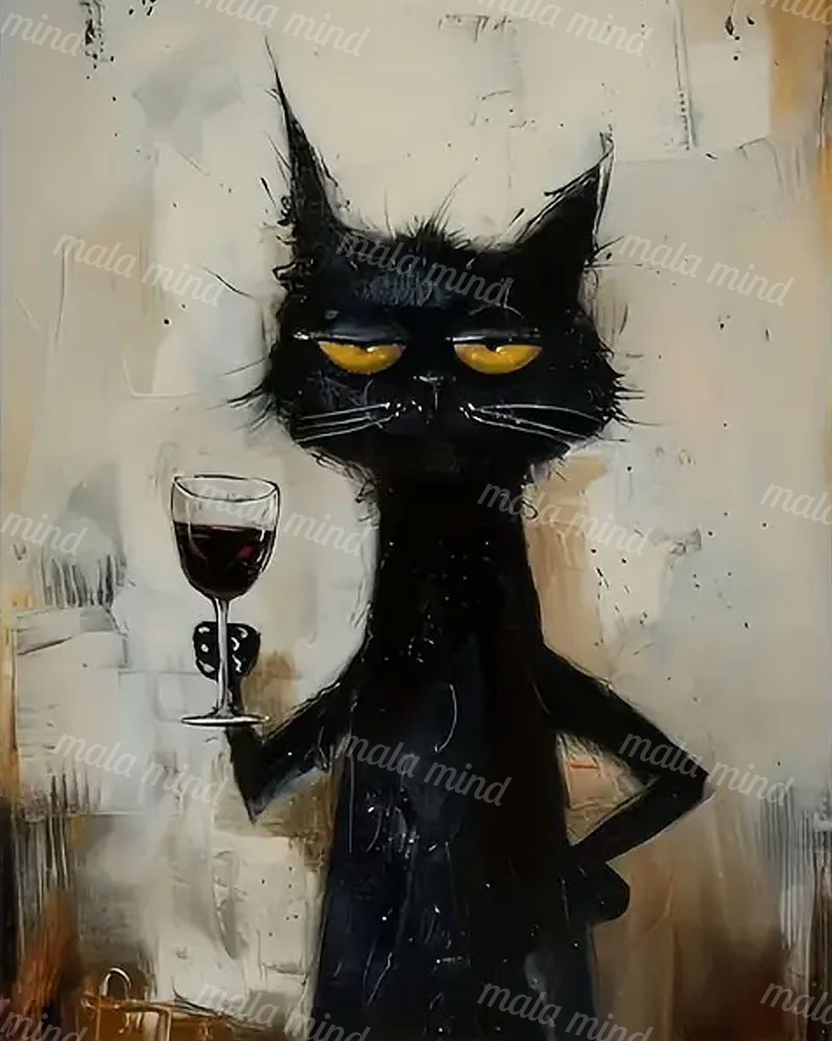 Upright black cat with bright yellow eyes holding a glass of dark red wine — 02_master_artwork