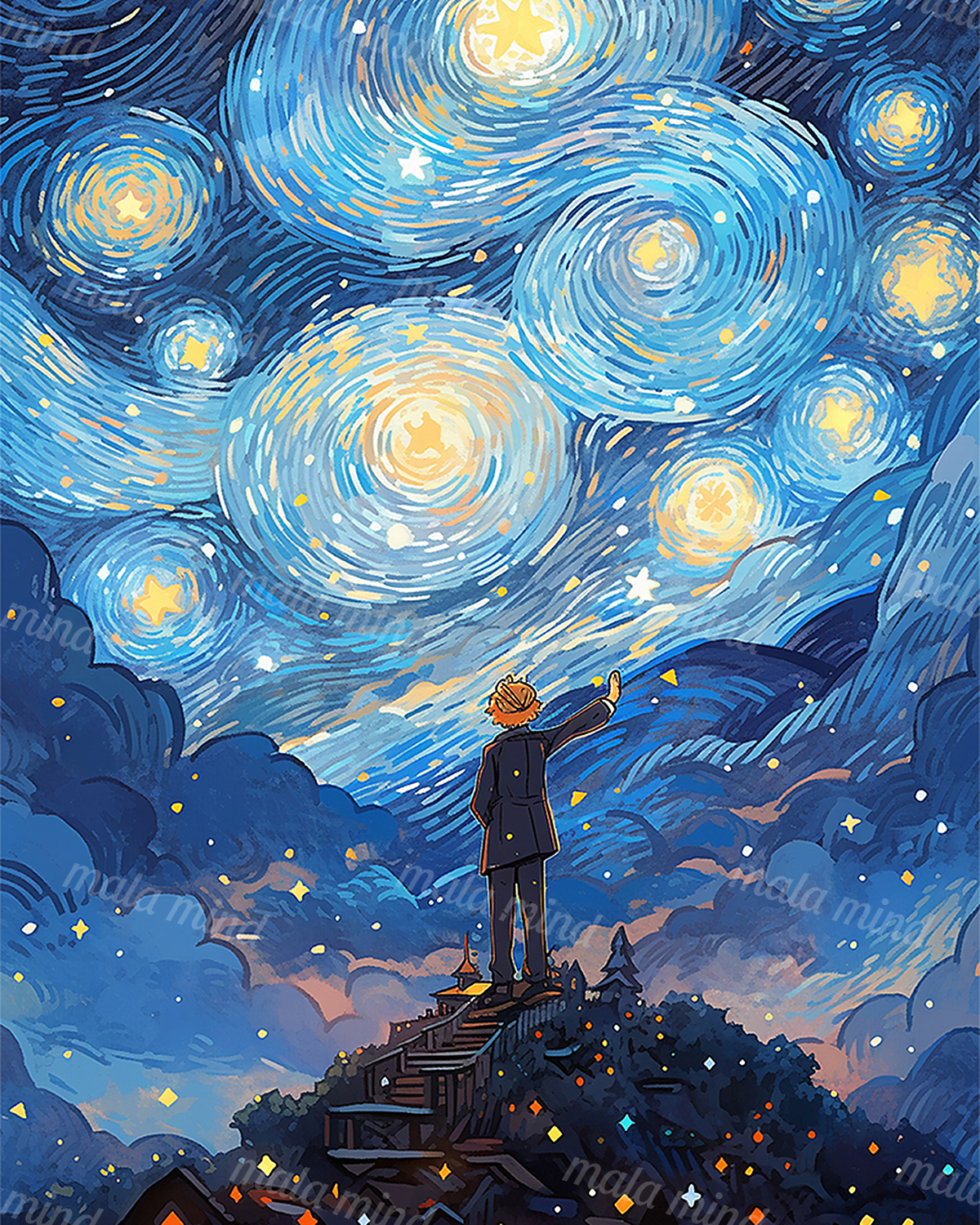 Figure in an orange hat points toward swirling stars from a wooden hillside stairway. — 02_master_artwork