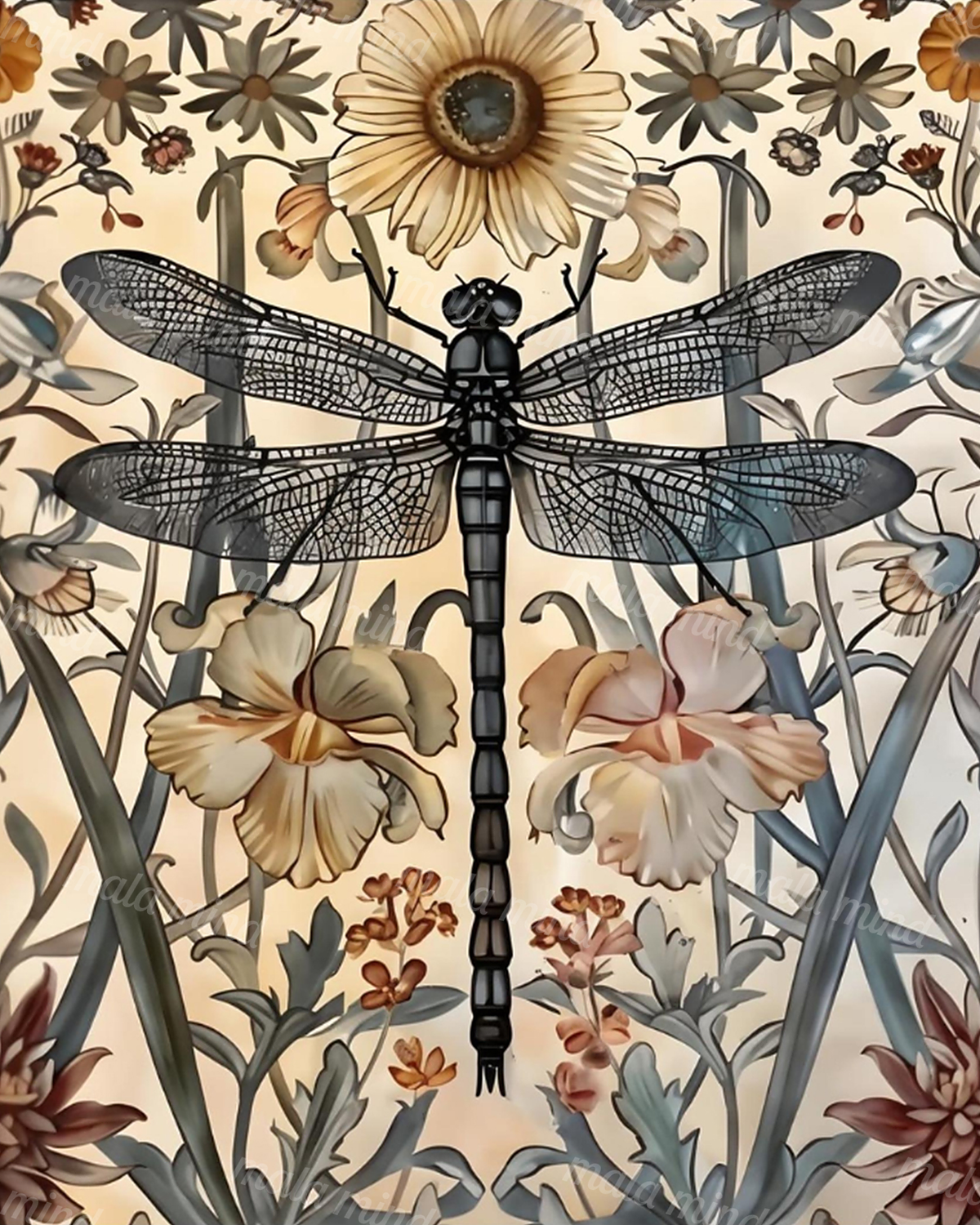 Black dragonfly with veined wings centered among cream, peach, and gray-blue flowers — 02_master_artwork
