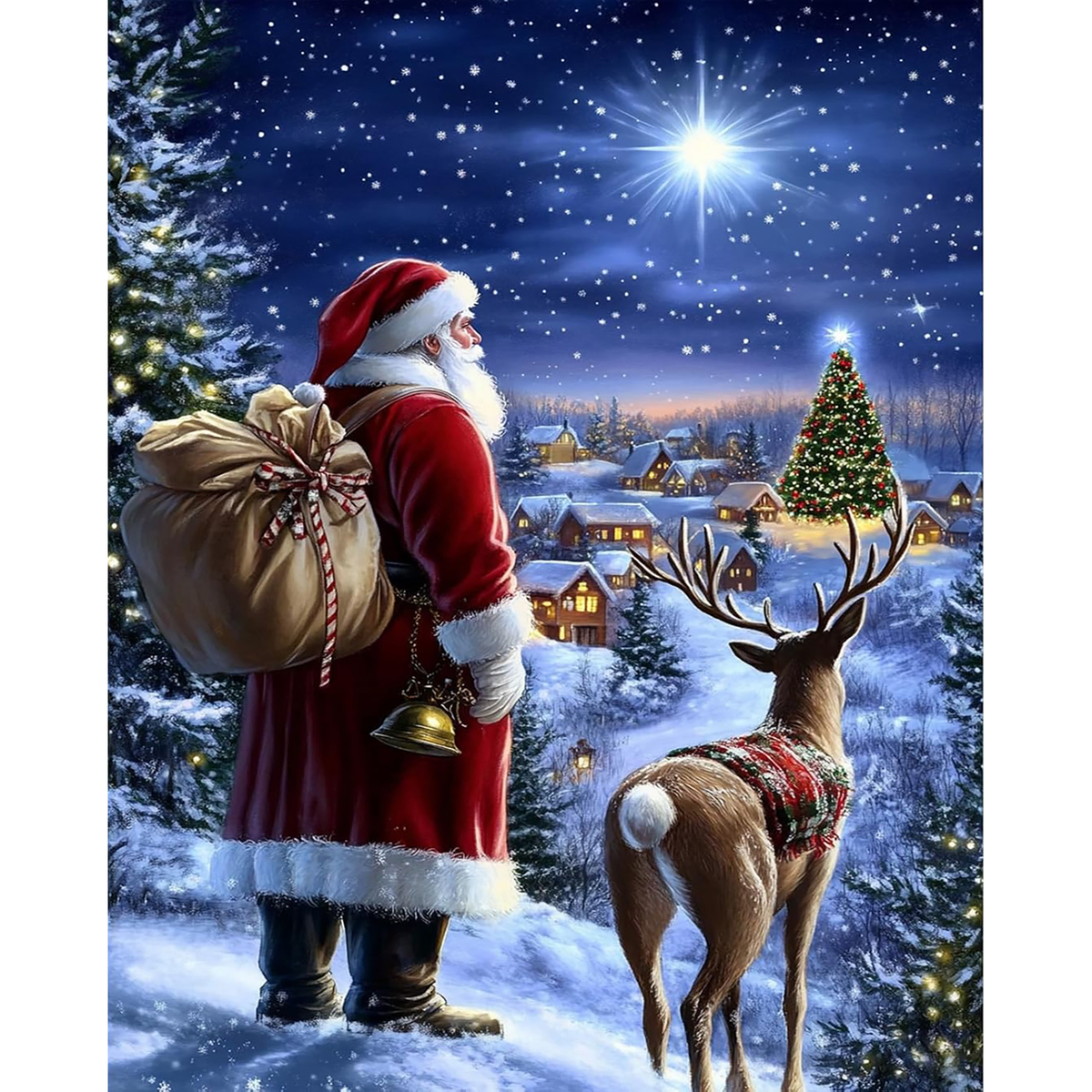 MalaMind Gallery V3 | 02 Master Artwork | CH-260921-078 | Santa with a gift sack and decorated reindeer overlooking a snowy village beneath a bright star.