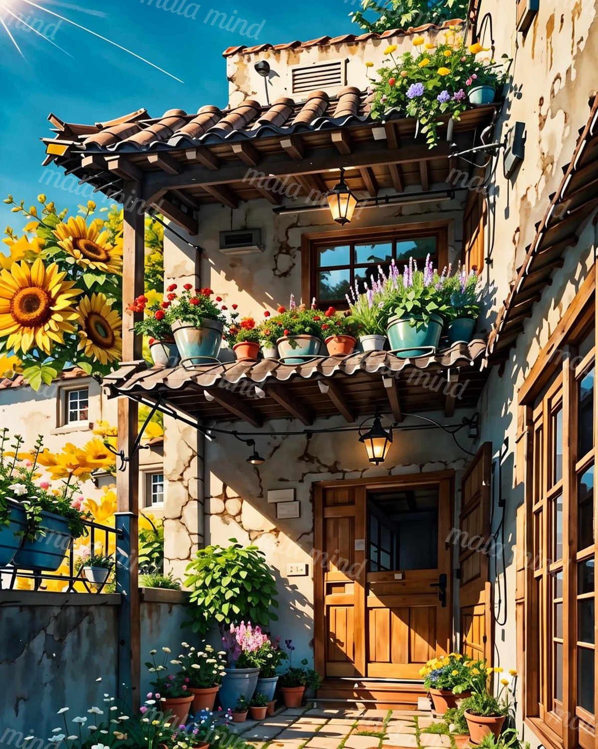 Sunlit rustic house courtyard with terracotta roofs, potted flowers, lanterns, and large sunflowers — 02_master_artwork