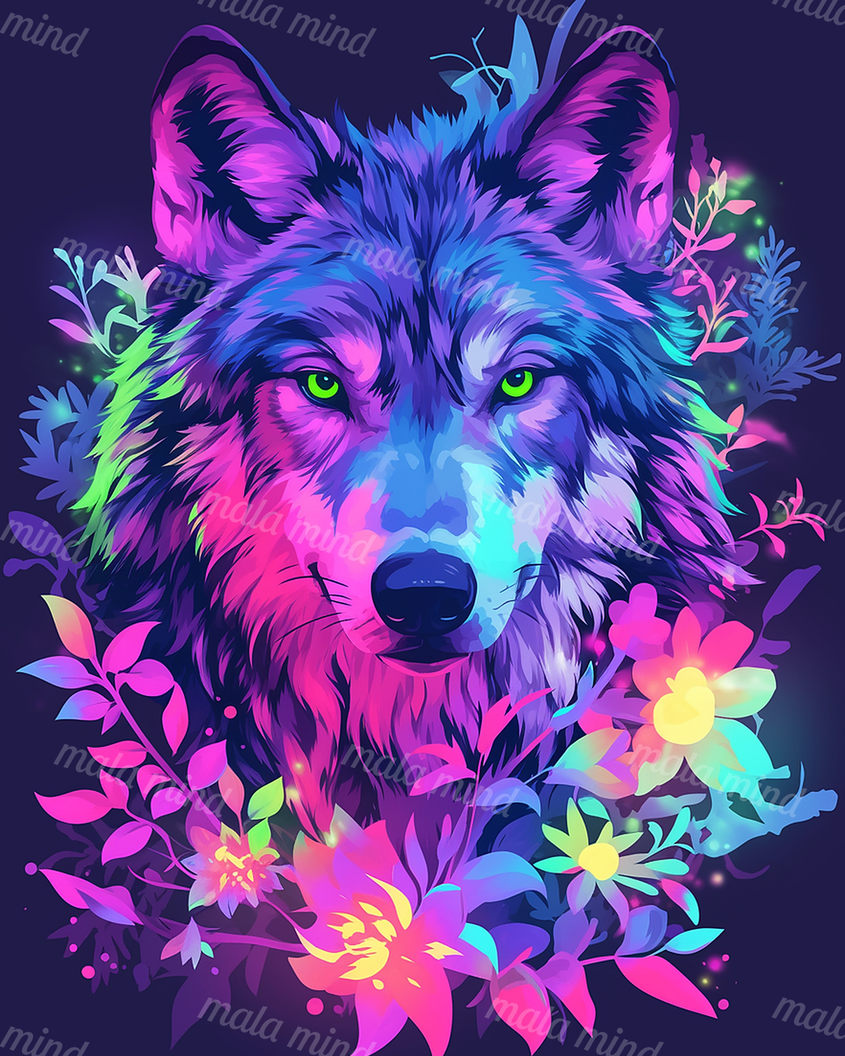 Vivid neon wolf portrait with bright green eyes surrounded by colorful flowers and foliage. — 02_master_artwork
