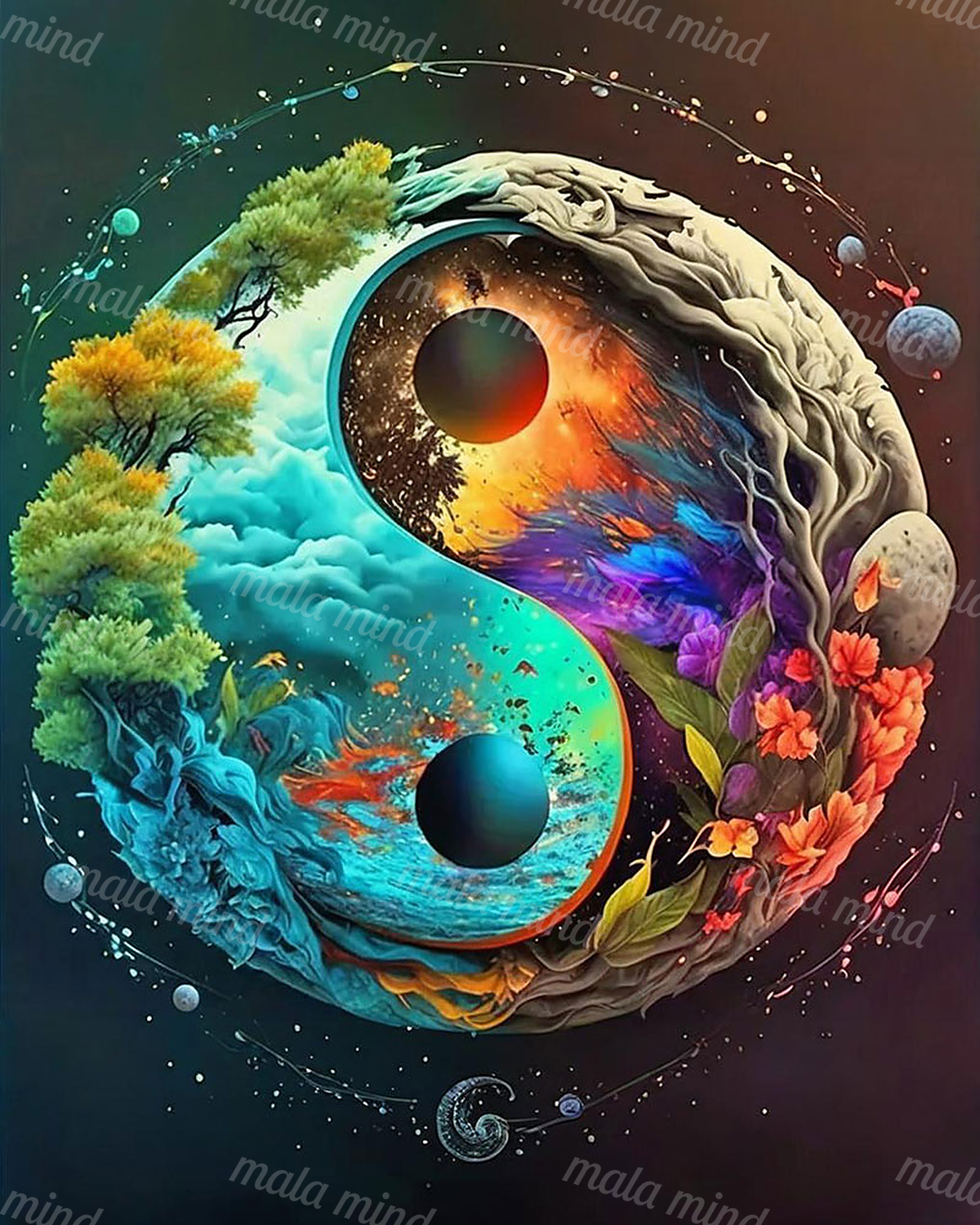 Surreal yin-yang cosmic landscape with trees, flowers, planets, water, and glowing orange and turquoise regions — 02_master_artwork
