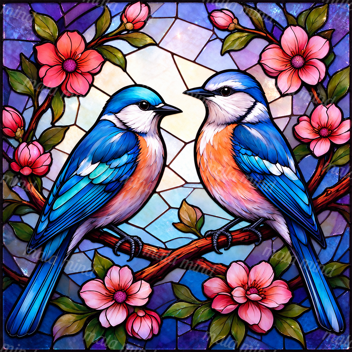 Two blue-and-orange birds on flowering branches in a colorful stained-glass scene — 02_master_artwork