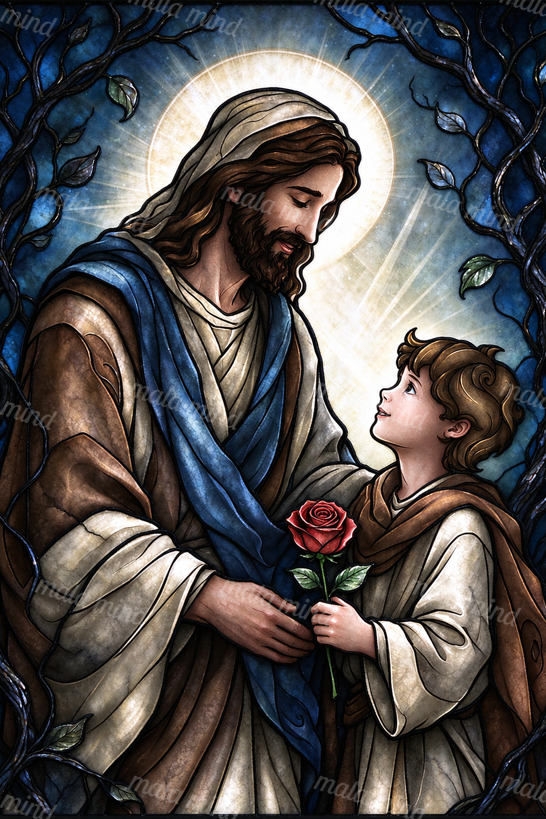 Stained-glass style image of a robed bearded man and child holding a red rose beneath a radiant halo. — 02_master_artwork