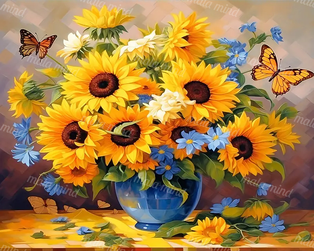 Colorful sunflower bouquet with blue flowers and butterflies in a blue glass vase — 02_master_artwork
