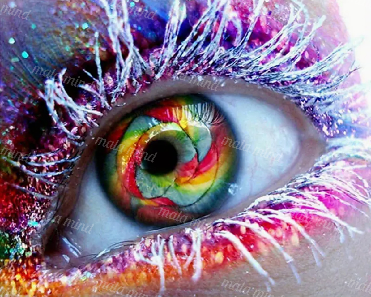Abstract close-up of a colorful human eye with a multicolored iris and bright white eyelashes — 02_master_artwork