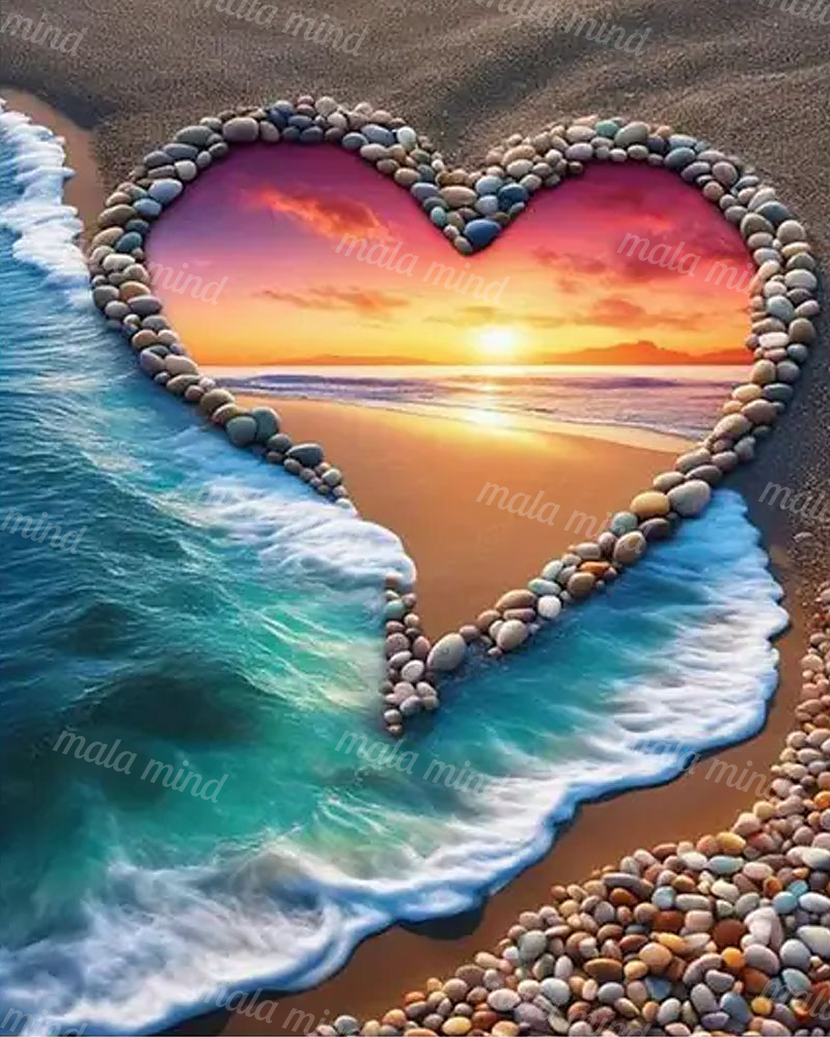 Heart-shaped pebble border framing a sunset beach with turquoise waves and white foam — 02_master_artwork