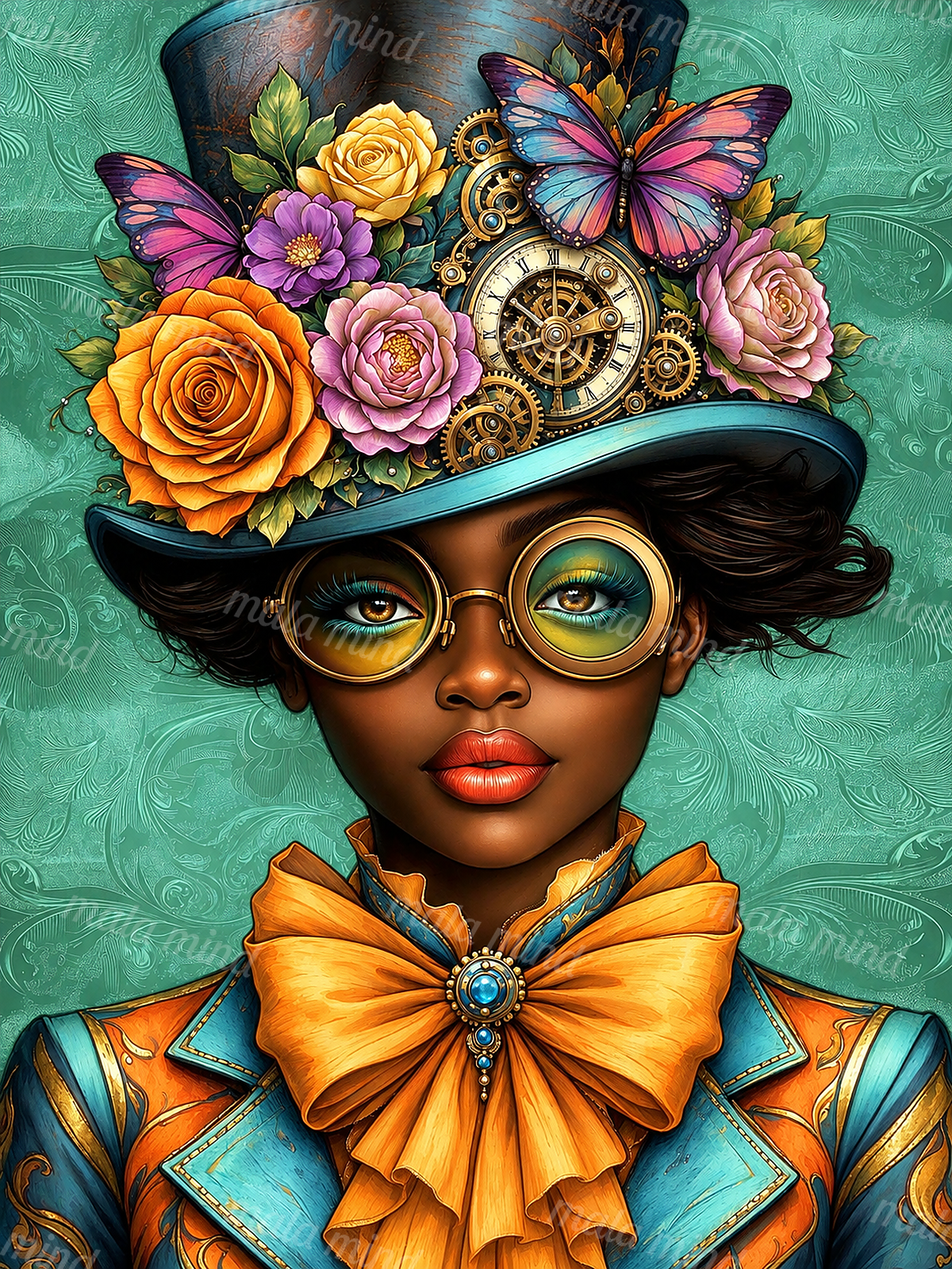 Portrait of a woman in round glasses wearing a floral steampunk hat with butterflies and clockwork — 02_master_artwork