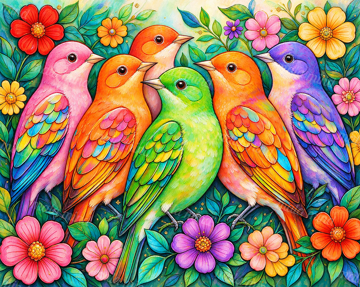 Six colorful birds surrounded by bright flowers, green leaves, and branches in a vivid garden illustration — 02_master_artwork