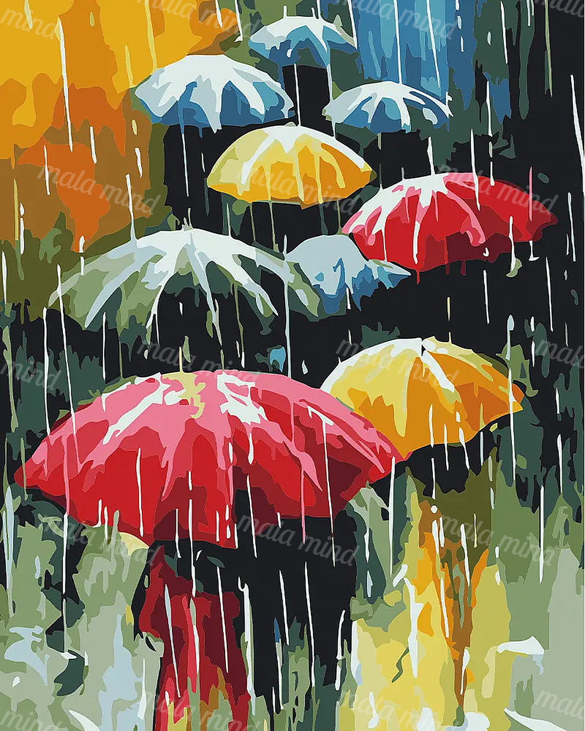 Colorful red, yellow, blue, pink, and white mushrooms in dense dark woodland foliage — 02_master_artwork