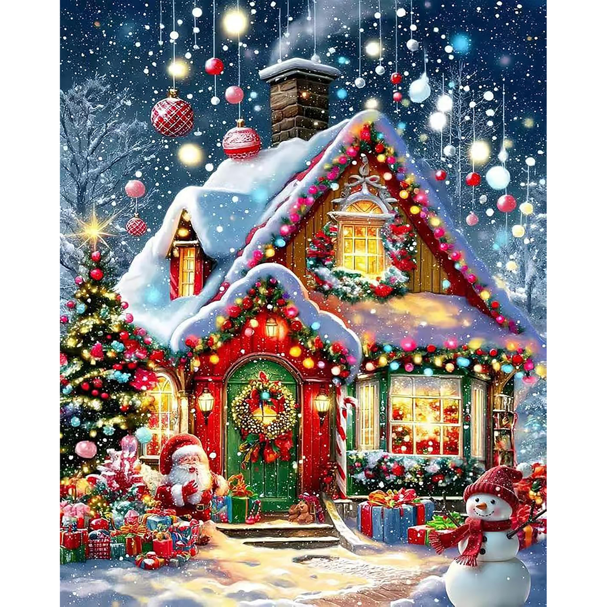 MalaMind Gallery V3 | 02 Master Artwork | CH-260921-064 | Snow-covered Christmas cottage with lights, tree, Santa, presents, and snowman beneath a snowy night sky
