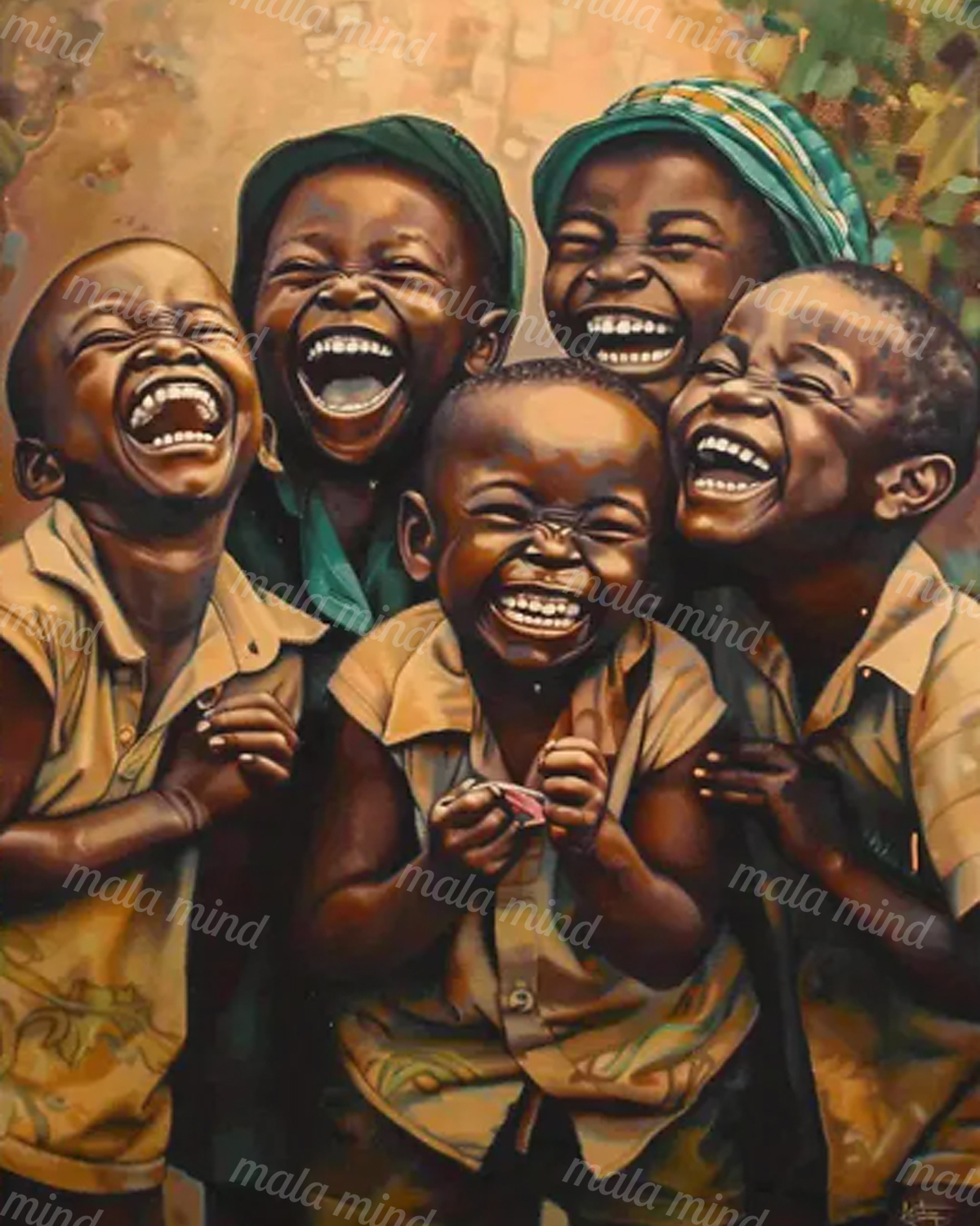 Five people laughing together in a warm painterly group portrait with a green striped headwrap. — 02_master_artwork